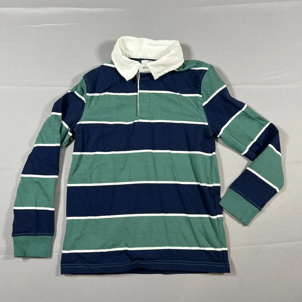 Tommy Bahama Rugby Shirt Kids Medium Navy Green Striped Long Sleeve Performance